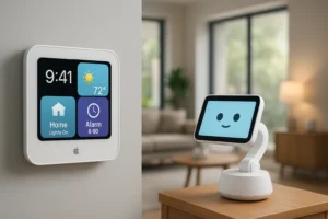 Apple smart home devices 2026 featuring wall-mounted AI display and tabletop robot assistant in modern living room